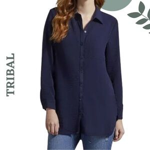 Tribal Pebbled Crepe Roll Sleeve Classic Longline Navy Blouse | Versatile & Chic